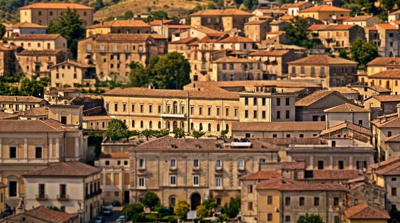 Veduta del centro storico di Cosenza con l’edificio del Convitto Nazionale tra i tetti delle case