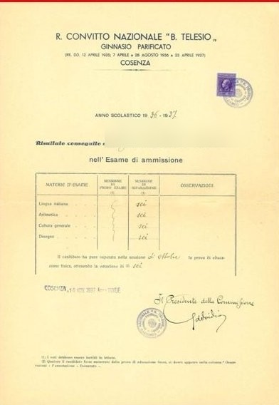 Diploma di ammissione dell’a.s. 1936/37 del R. Convitto Nazionale “B. Telesio” – Ginnasio parificato, con il nome dell’alunno oscurato